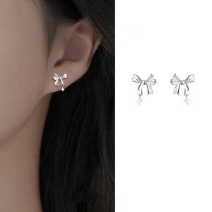 Bowknot Star Dangle Stud Earrings Copper Silver Color Trendy Elegant Niche Design Jewelry For Women
