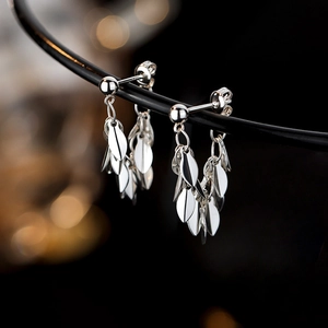 S925 sterling silver leaf tassel earrings with polished bead stud and multi-layer dangles