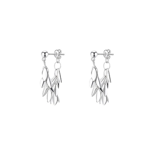 Polished silver leaf tassel drop earrings with cascading metallic fringe and bead studs
