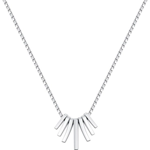 Silver fringe tassel necklace featuring fan-shaped geometric bars on a box chain