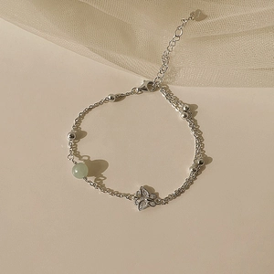 S925 silver double-layer bracelet with butterfly pendant and green Hetian jade bead