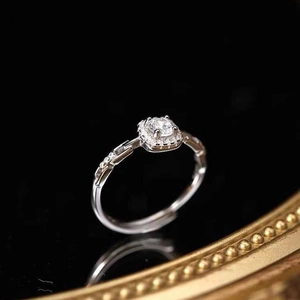 Elegant silver square cut halo ring with adjustable band and side stones on black base