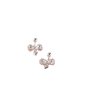 Rose gold bow stud earrings with small heart charms and secure ball screw back closure