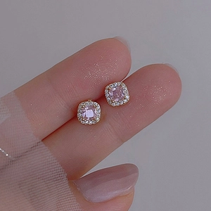 Elegant gold square pink zircon halo stud earrings for women with French chic style