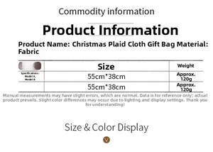 Size chart showing 55x38cm dimensions and 120g weight for Christmas plaid burlap gift bags