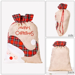 Three-angle view of burlap Christmas gift bag with Santa Claus embroidery and red plaid trim