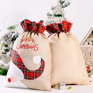 Christmas burlap gift bags with Santa embroidery and red plaid drawstring closure