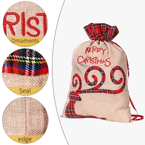Linen Christmas gift bag with embroidered plaid reindeer and red ribbon drawstring