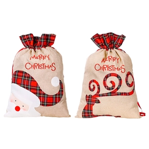 Christmas burlap drawstring gift bags with Santa and reindeer plaid patchwork embroidery