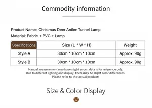 Size chart for glowing Christmas Rudolph doll featuring antler design and dimensions