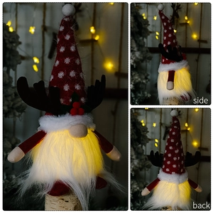 Three-sided view of glowing Christmas gnome with reindeer antlers and LED lights