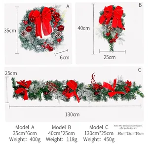 Specifiche dimensionali per set di ghirlande natalizie con ornamenti e fiocchi rossi