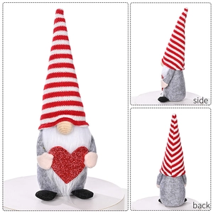 Three-view display of Valentine gnome plush with red glitter heart and striped hat
