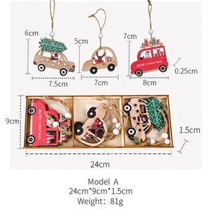 Detailed dimensions of wooden Christmas car ornaments with size labels and storage box
