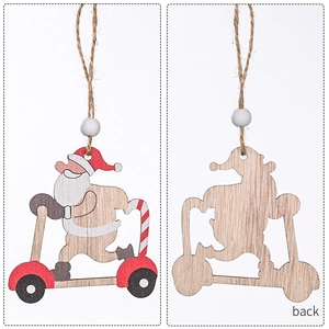 Front and back detail of wooden Santa Claus scooter pendant with rustic jute string