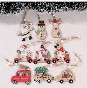 Set of 9 wooden Christmas pendants featuring Santa, snowmen, and reindeer ornaments