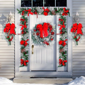 Fiocco Rosso Innevato Decorazione Natalizia Ghirlanda Pigna Bacca Swag Per Casa Porta Finestra Tradizionale Natale Ornamento