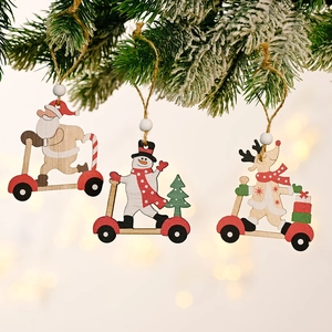 Three-piece set of wooden Christmas ornaments featuring Santa, snowman, and reindeer on a tree