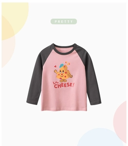 Detail of pink and grey long sleeve toddler tee with cute cheese print and round neck