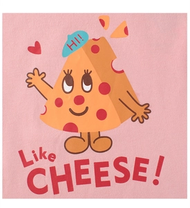 Detail of pink cotton fabric featuring a cute cartoon cheese print with HI text