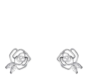 Detailed close-up of camellia pearl earrings with hollow silver petals and zircon leaves