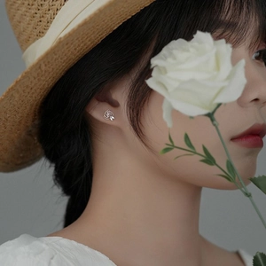 French camellia pearl stud earrings with silver metal flower and zircon stones