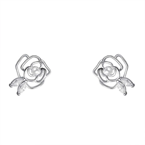 Elegant silver camellia earrings featuring a central pearl and zircon leaf accents