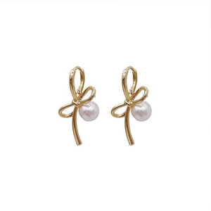 Élégantes boucles d'oreilles nœud doré avec perles blanches, style coréen chic
