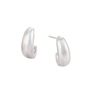 Minimalist silver C-shape stud earrings with matte brushed finish on white background
