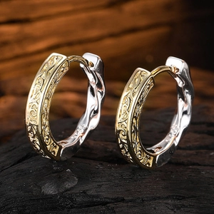 Vintage Textured Two-Tone Hoop Earrings With 925 Sterling Silver Earring Post Hollow Carved Gothic Punk Jewelry For Men Women