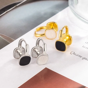 Geometric Square Hoop Earrings French Vintage Double Sided Black White Enamel Copper Ear Buckles For Women