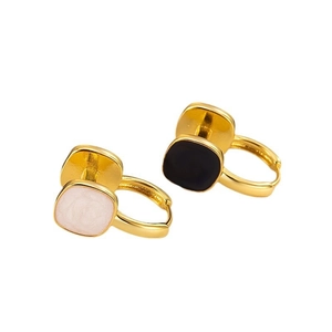 French retro gold earrings with reversible black and white enamel square pendants