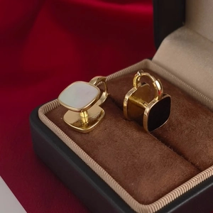 French style square black and white shell hoop earrings in a luxury gold finish