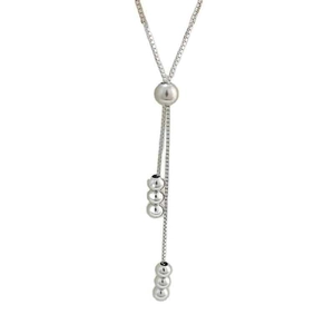 Minimalist silver bead tassel necklace featuring an adjustable slider box chain design