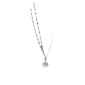 Minimalist silver chain necklace with a single round white pearl pendant for women