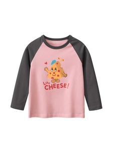 Kids Girls Long Sleeve T-Shirt Cotton Raglan Sleeves Round Neck Cartoon Cheese Print Casual Autumn Soft Pullover