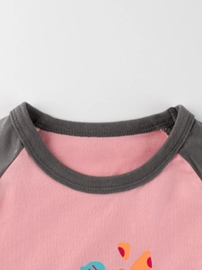 Pink and charcoal grey raglan sleeve girls t-shirt with ribbed crew neck and soft cotton fabric