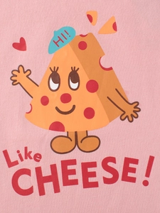Pink cotton long sleeve girl's T-shirt with cute cartoon cheese print and HI lettering