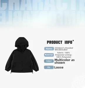 Détail du coupe-vent noir à capuche pour enfants en tissu 100 % polyester durable