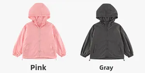 Détail des coupe-vent à capuche roses et gris pour enfants avec ourlet ajustable