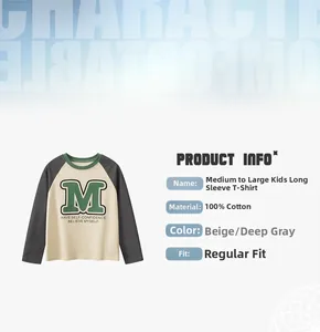 Detail view of cotton long sleeve t-shirt with cream and grey raglan sleeves and M logo