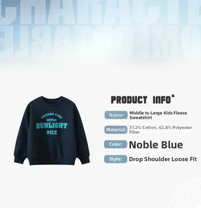 Detail view of royal blue fleece sweatshirt for kids showing material composition and design