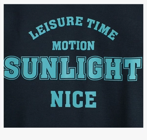 Detail of teal Leisure Time typography print on navy blue fleece sweatshirt fabric
