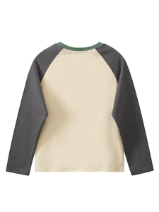 Boys raglan long sleeve T-shirt with three-color patchwork and green round neck