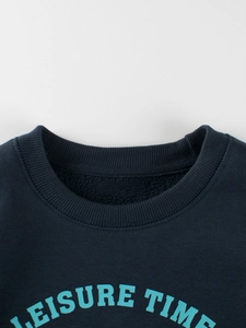 Navy blue kids crewneck sweatshirt featuring Leisure Time text and ribbed neckline detail