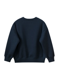 Classic navy blue crewneck fleece sweatshirt with ribbed cuffs and drop shoulder fit