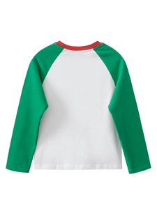 Kinder t-shirt met lange raglanmouwen in feestelijk kerst rood-groen-wit kleurblok design