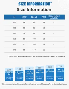 Detailed size chart for kids' letter print hoodie, covering ages 4 to 15 years