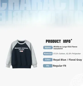 Detail showing material composition of blue boys fleece sweatshirt with raglan sleeves
