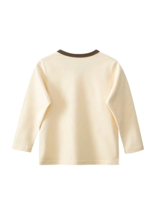 T-shirt manches longues enfant crème avec col contrasté marron, vue de dos à plat